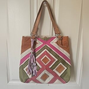 Vtg. FOSSIL "JESSE" Suede & Canvas Embellished Tote 🌳🌻